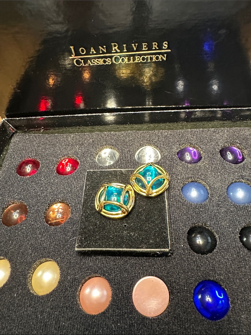 Joan Rivers Gold-Tone frame pierced earrings w/9 colors of lucite centers-7/8”